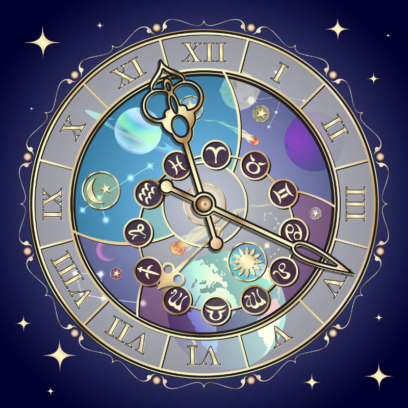 Das Bild zeigt eine astrologische Uhr. Laut der Astrologie lässt das Zusammenspiel von Ort und Zeit Rückschlüsse zu hinsichtlich etwaiger kritischer Faktoren bei der Selbstliebe. 