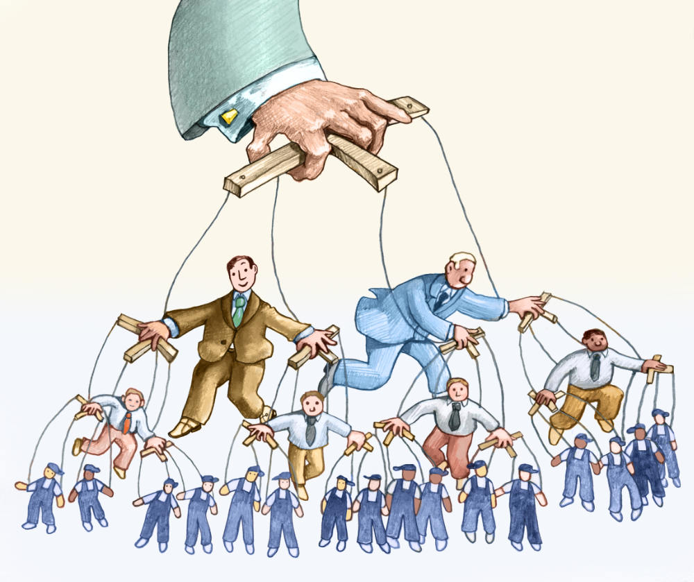 Das Bild zeigt eine Pyramide von Marionetten, angefangen von den Arbeitern, über die Manager bishin zu einer Hand einer mysteriösen Person, die alles kontrolliert. Diese Szenerie entspricht dem Blickwinkel eines manchen spirituellen Menschen, der für sich in Anspruch nimmt, die Wahrheit zu kennen.