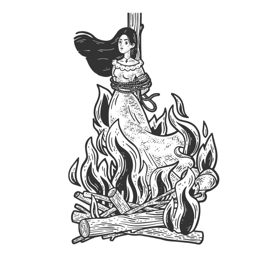 Die Illustration zeigt eine junge Frau , die als Hexe verbrannt wird. Nach Sabine Krink ist dies mit ein Grund dafür, dass Frauen mit magischen Fähigkeiten, dieses Wissen in ihrem Business eher selten öffentlich machen. 