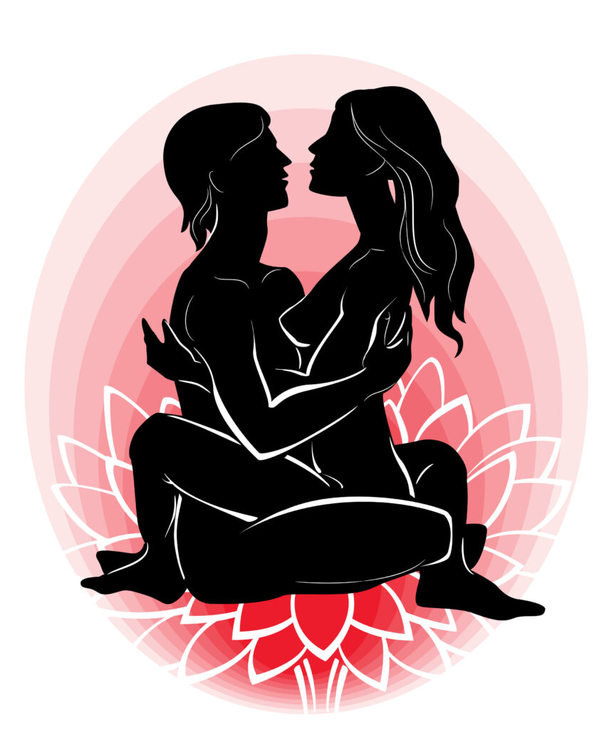 Die Illustration zeigt ein Paar beim Praktizieren von Tantra als Scherenschnitt. Wenn ein Paar den taktischen Weg geht, fungieren beide Partner als Korrektiv des anderen hinsichtlich der Liebe sowie der Selbstliebe. 
